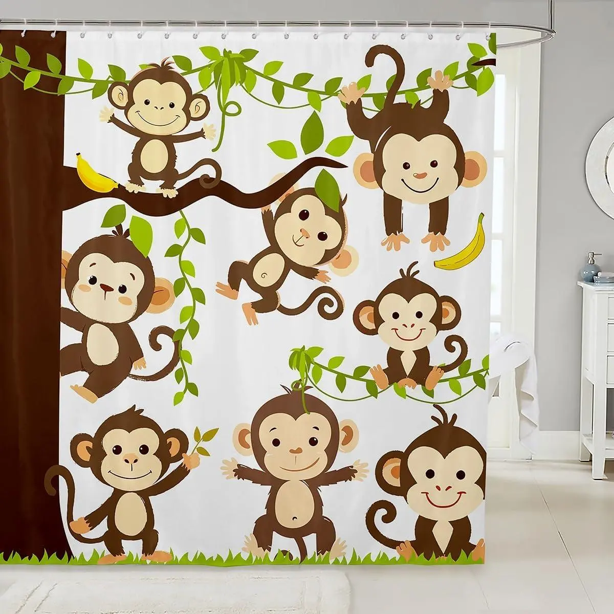 Feelyou Kids Cute Monkey Shower Curtain - Waterproof, Washable Child-Friendly Cartoon Print Character-Themed Bathroom Decor with Trees, Leaves, Plants, 12 Hooks, White Cute Decorative Whimsical Decoration Curtains for Teens, Cartoon Print Curtains