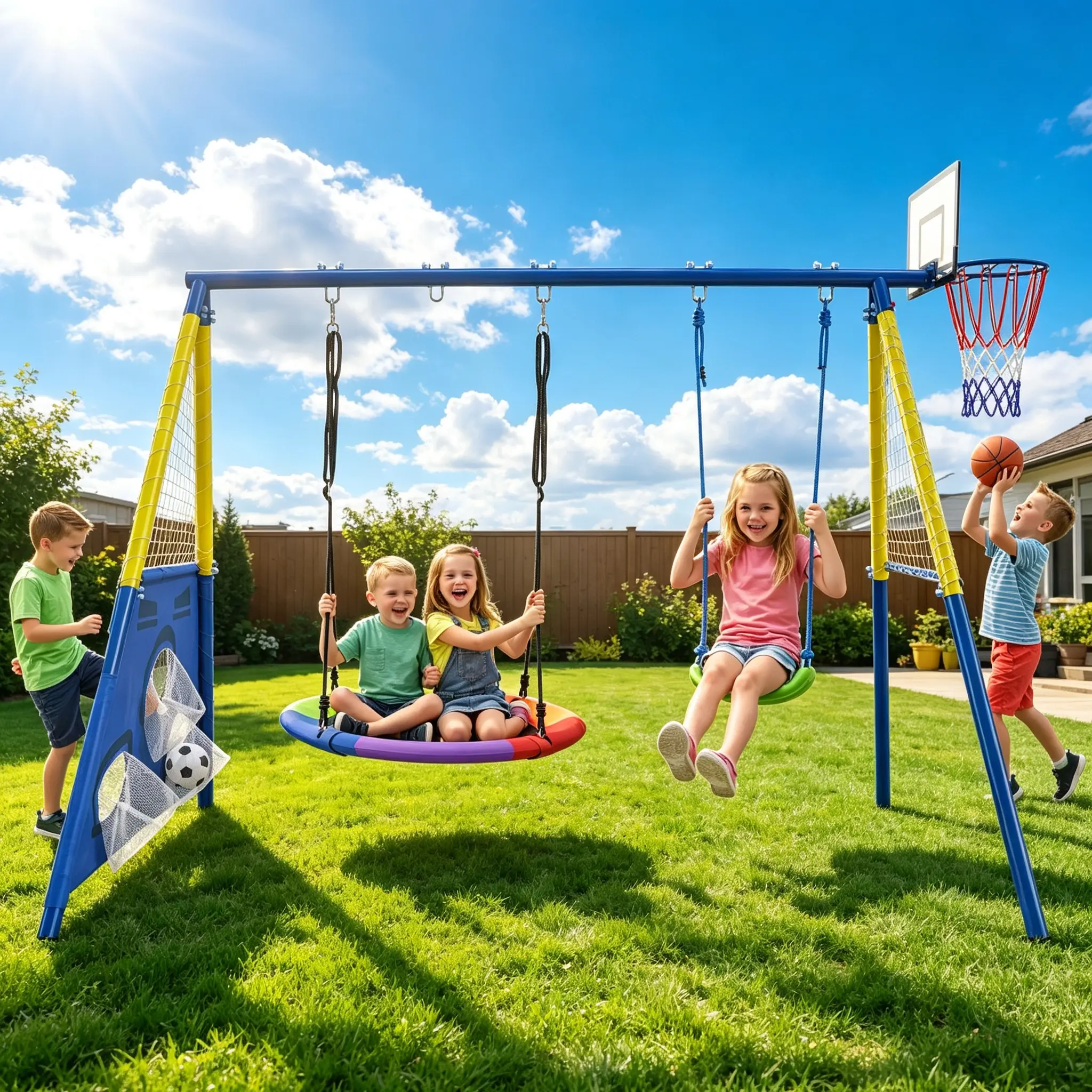 5-in-1 Heavy Duty Metal Frame Kids Backyard Playground Set - Saucer, Belt Swing, Basketball Hoop, Soccer Goal - Outdoor Swing Chair Furniture for Toddlers & Kids Ages 3-10
