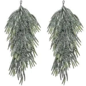 2-Piece Artificial Christmas Snow Tear Bead Drape, 28 Inch Velvet Norfolk Pine Garland, Perfect for Door Mantle Fireplace Decor