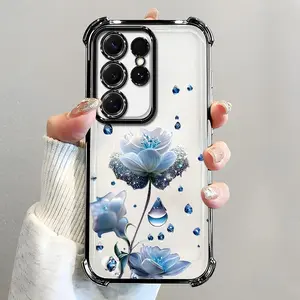For [Galaxy S25 Ultra] luxury women's phone case, electroplated four-corner shockproof protection, crystal clear blue flower with water drop design, sophisticated and eye-catching666
