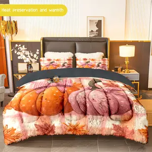 3pcs (1 comforter + 2 pillowcases) Pumpkin - Themed Flannel & Milk Velvet Comforter Set, Soft Warm Bedding Set for Adults, Cozy Fall - Inspired Quilt Set, Trendy Bedding Essentials