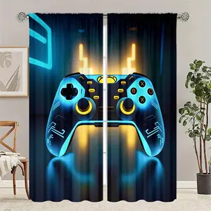 2pcs Neon Game Controller Curtains for Gamers, Edgy Drapes for Teen Room Decor, Casual Contemporary Style for Game Room or Bedroom