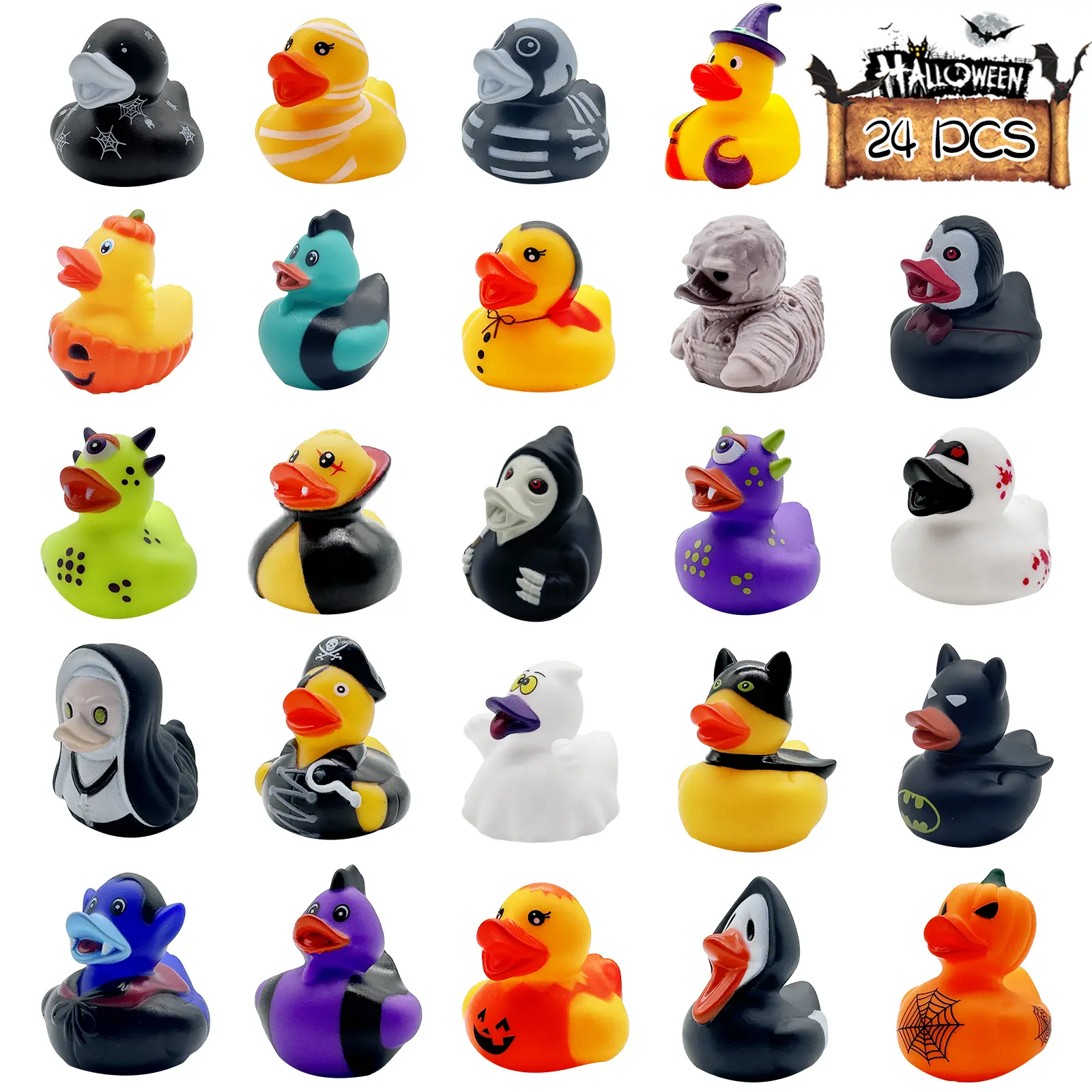 24 PCS Halloween Rubber Ducks,Baby Bath Toys Assorted Duckies，Halloween Party Favor for Kids ,Rubber Ducks for Jeep Ducking，Halloween Style Design Ducks Toys for Halloween  Decor,Baby Showers,Birthday Gifts