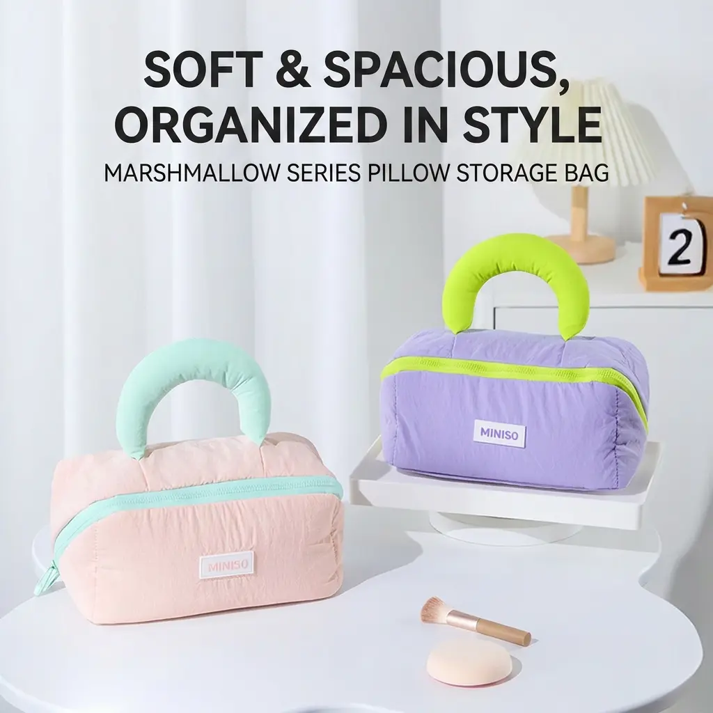 MINISO Kawaii Marshmallow Pillow Bag Soft Plush Storage Organizer 2-in-1 Foldable Travel Cushion Cute Aesthetic Bag Gift for Girls#Summervibes