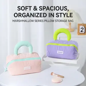MINISO Kawaii Marshmallow Pillow Bag Soft Plush Storage Organizer 2-in-1 Foldable Travel Cushion Cute Aesthetic Bag Gift for Girls#Summervibes