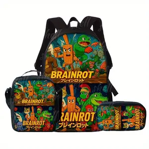 3Pcs "Brainrot" Meme Print Backpack Set Durable 600D Oxford Cloth School Bag Insulated Lunch Box & Pencil Case Combo Adjustable Breathable Strap Large Capacity Fits 15in Laptop for Kids Teens School Travel Outdoor Use