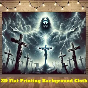 1pc Jesus Crucifixion Religious Banner - Dramatic Jesus on Cross Backdrop with Lightning Sky, Durable Polyester Fabric Church, Home, Event Decorations - Easter, Christmas, Worship Services, Photography Background - No Electricity Needed, Crucifixes And