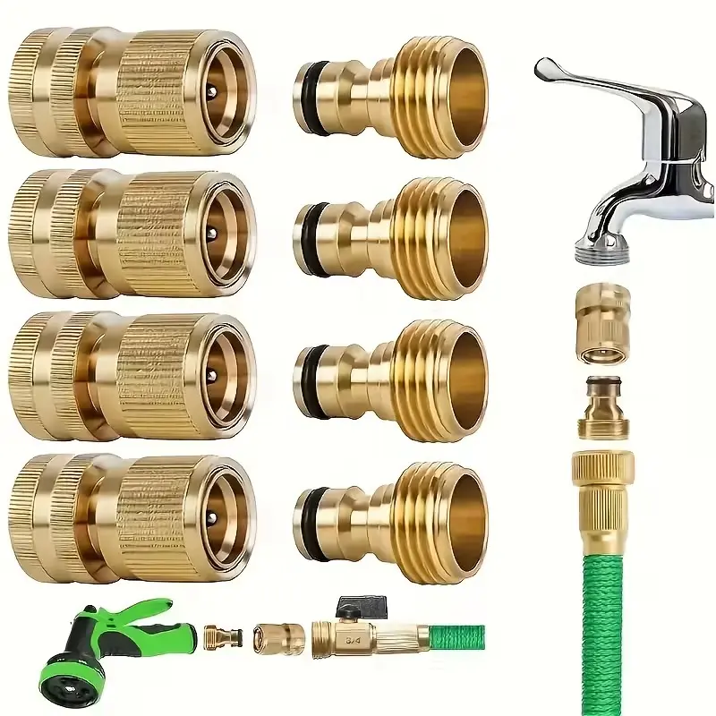 Solid Brass Garden Hose Quick Connect Set with Rubber Washers - Rust-Resistant, Heavy-Duty Connector Adapter, Durable Fittings for Garden Sprinklers, Versatile Outdoor Use, Essential Gardening Tool Accessories