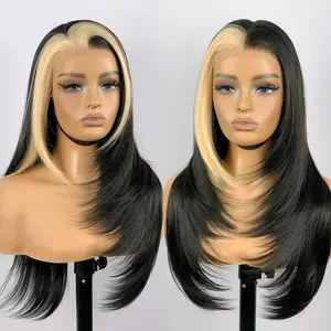 13x6 Glueless HD Lace Frontal Wigs Wear  And Go Pre Plucked Pre Layered Pre Cut Synthetic Lace Front Wig No Glue Layered Straight Frames Face Nice Beginners Friendly#26 inches Long Natural Hairline Blonde Wigs