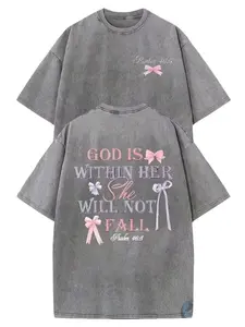 Lady's Cotton Loose Casual Short-Sleeve Vintage Washed Bible Verse T-Shirt - Psalm 46:5 God Is Within Her, Pink Bow Retro Oversized Crew Neck Faith Top,summervibes