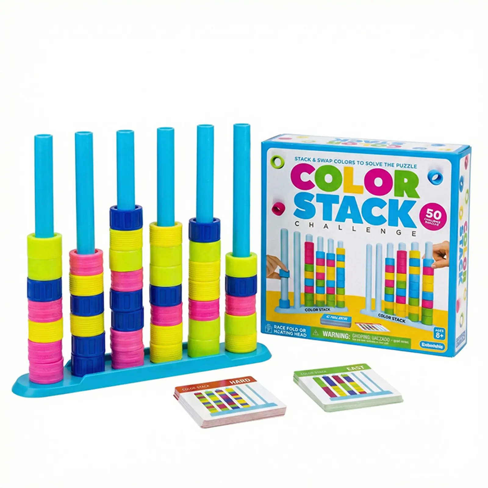 A Fast-Paced Color Matching Puzzle Game for Fun Parties and Family Game Night. Includes 1 Stack Racks, 50 Challenge Cards, 40 Rings & Instructions