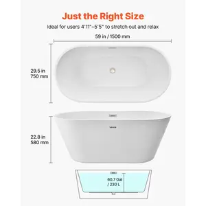 VEVOR Acrylic Freestanding Bathtub, 67 Inch Contemporary Soaking White Tub with Brushed Nickel Overflow and Drain, Elegant Oval Shape Stand Alone Soaker Bathtub for Modern Bathroom or Remodel Project
