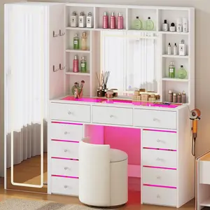 Women's White Makeup Vanity Desk with Full-Length Mirror, RGB Drawers, Charging Station, Transparent Top, 10 Storage Shelves, LED Lights, Makeup Organizer - Indoor Bedroom Furniture
