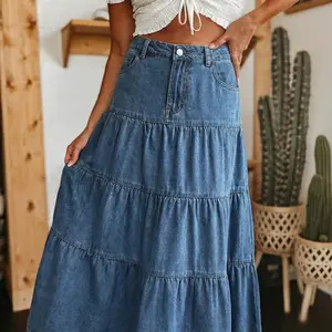EMMIOL Long Denim Skirt for Women - Mid High Waisted A-Line Jean Maxi Skirts Dark Wash Tiered Swing Jean Skirt with Pockets