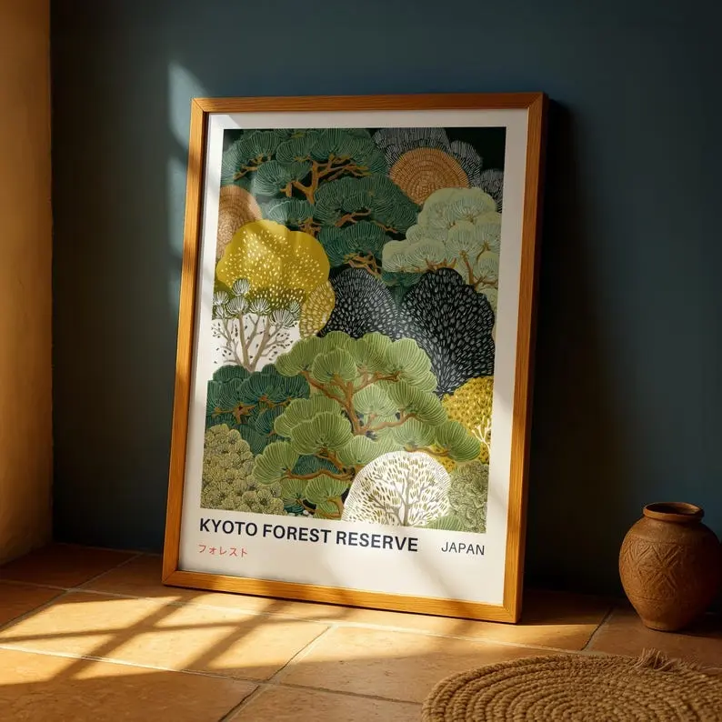 [Sale Up To 50%][No frame, Free Ship] Kyoto Forest Reserve Vintage Art Print – Japanese Landscape Poster, Japandi Nature Wall Decor for Living Room or Office