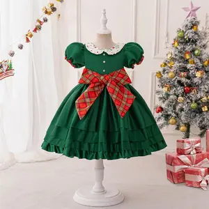 Kids Clothes Big Bow Girl Green Christmas Dress 097 Santa Claus Ball Gown Children Cosplay Costume Fancy Carnival Party Princess Frock 3-8Y