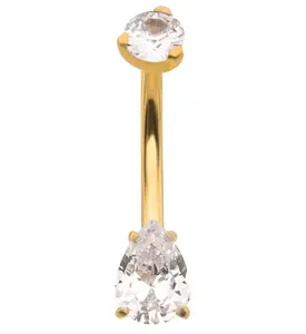 24kt Gold PVD Prong Teardrop Clear CZ Titanium Belly Button Ring