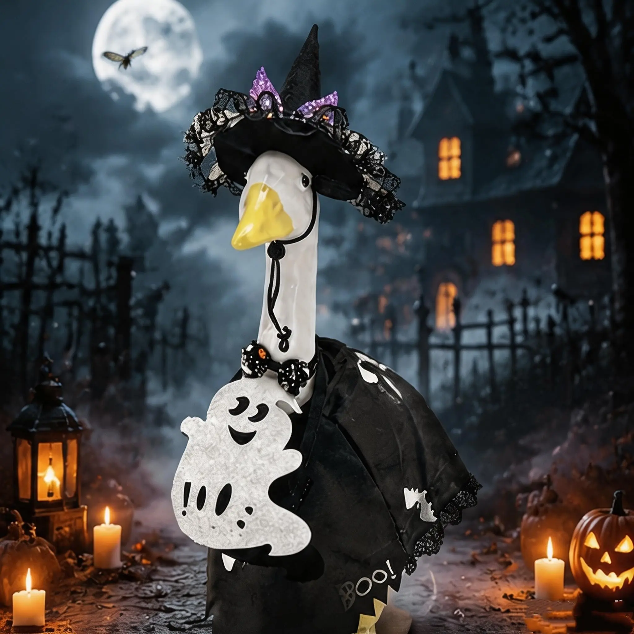 Halloween Porch Goose Outfit 4PCS, Ghost Style Goose Costume Set for 23 Inch Porch Goose, Halloween Goose Clothes with Hat Bow Tie Ghost Bag Cloak for Yard Lawn Outdoor Garden Patio Decor