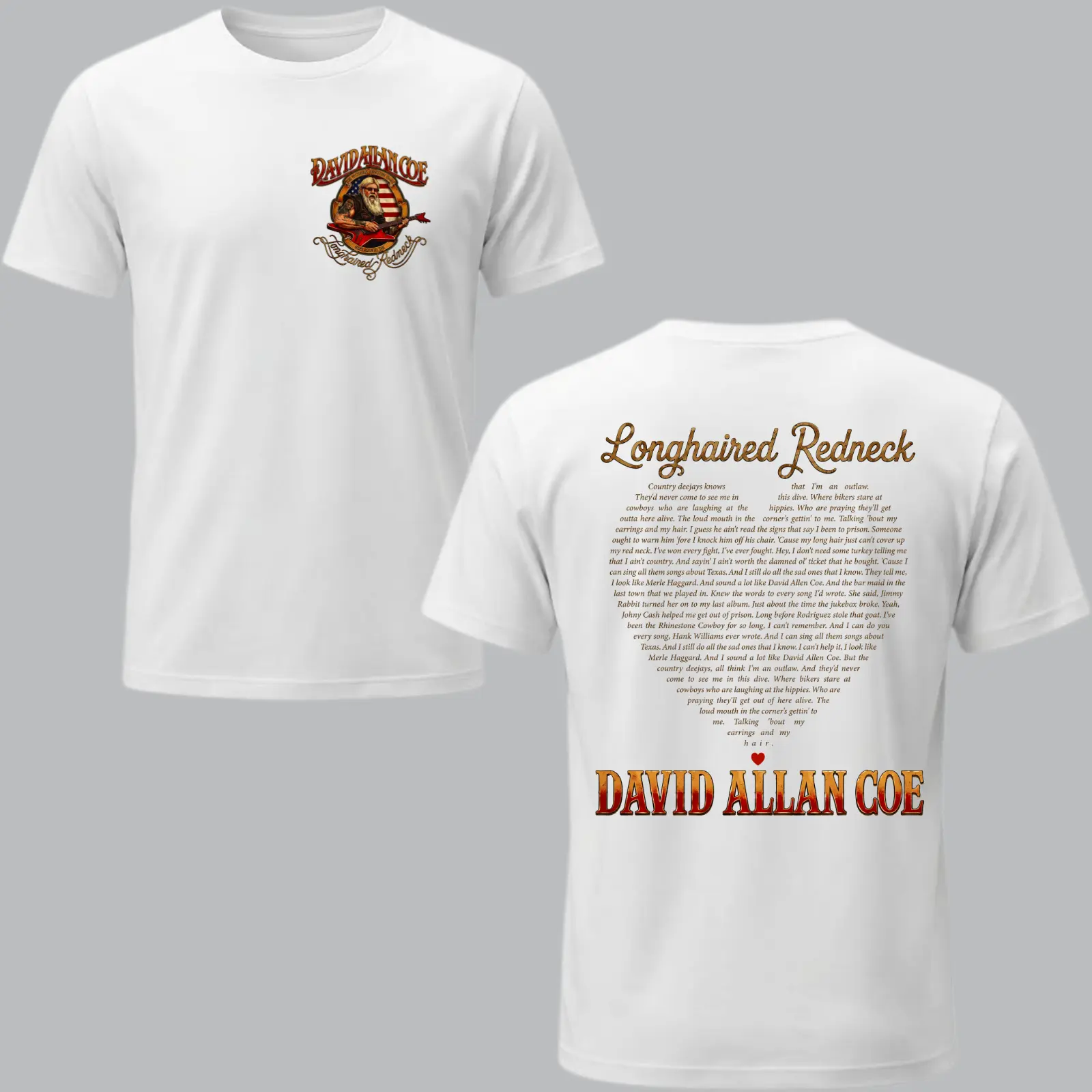Men's David Allan Coe Longhaired Redneck Casual Short-Sleeve Top, Outlaw Country Music Fan Graphic Tee, White Double-Sided Lyric Back Print, Vintage Western Concert Gift for Everyday Day Wear Streetwear