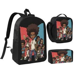 17 Inch The Boondocks 3-Piece Backpack Set, Waterproof Lightweight Travel Daypack with Lunch Box & Pencil Case for Teens Daily Use
