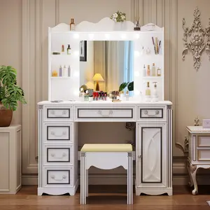 Miu Makeup Vanity with charging station and 11 Bulbs, 3 Lighting Modes, Large Mirror, 6 Drawers And 1 Cabinet, Come Up With Stool