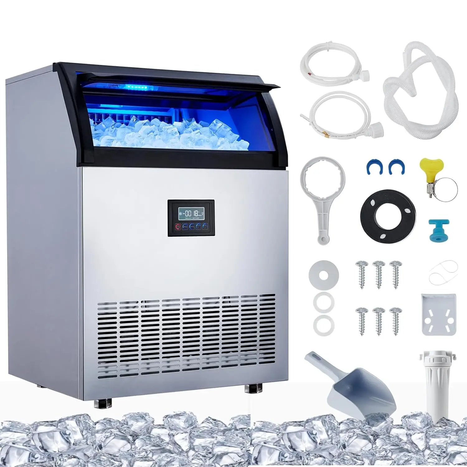 【GARVEE】Ice Maker Machine, 200lbs/24hr Stainless Steel Under Counter Ice Machine, 50lbs Storage, Freestanding Ice Maker for Bar, Restaurant, Home, Office