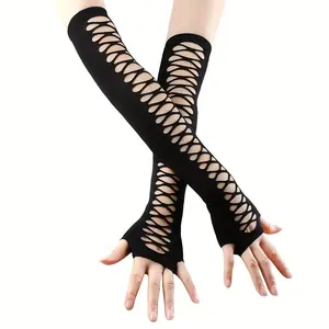 1pc Women's Sexy Hollow-Out Gloves, Black Elastic Fingerless Long Gloves, Retro Style Party Dance Crossed Arm Cover
