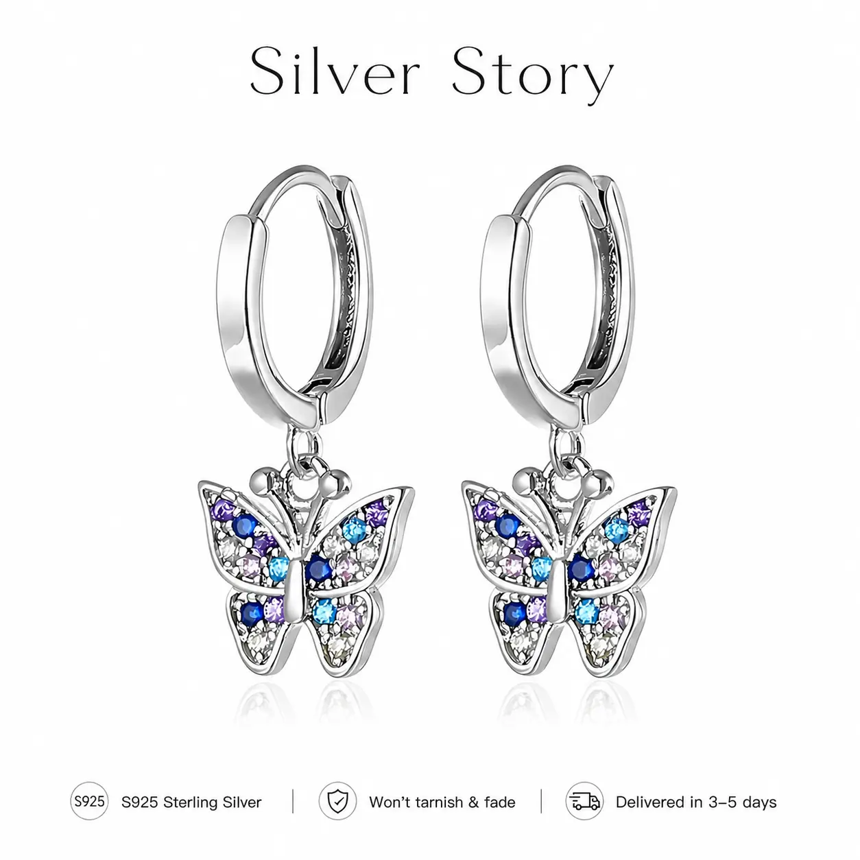 925 Silver Butterfly Hoop Earrings for Women – Colorful CZ Dangle Huggie Earrings, Romantic Wedding Gift for Lover, Anniversary Jewelry Gift, Cute Jewelry for Love