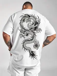 Men's Dragon Print Round Neck Tee, Regular Fit Casual Short Sleeve Crew Neck T-Shirt for Summer, Fashion Men's Top for Daily Wear, Casual Graphic Design Streetwear Looks