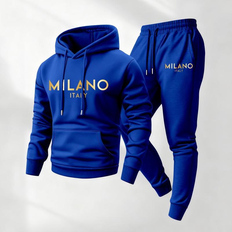 Men's Golden Milano Printed Hoodie and Drawstring Sweatpants Set, Menswear, Casual Athletic Long Sleeve Hooded Jacket & Trousers for Fall & Winter, Men's Clothing for Daily Wear, Sportswear Indoor Outdoor, Tracksuit, Athleisure Summer Clothes02