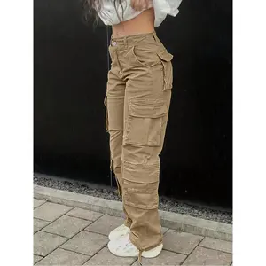 High-Waisted Wide-Leg Cargo Jeans for Women -  Streetwear Style, Vintage-pired Grey Denim with Flap Pockets, Loose Fit & Polyester Fabric, Perfect for Casual Outings, Plus Size Jeans Pants Womenswear