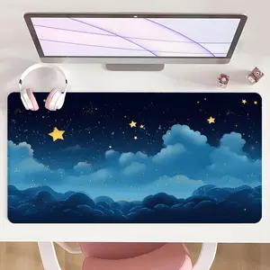 [Mouse Desk Pad] Non-Slip Mouse Pad Large Gaming Mouse Pad With Rubber Base & Stitched Edge Starry Sky Blue Cloud Design Desk Top Protector Mat For Home Office Use Christmas Gift Idea