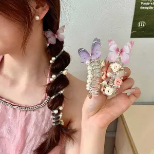 Butterfly Pearl Telephone Cord Hair Tie High-End 2026 Premium Baby Bubble Braid Elastic Hair Band Hair Accessory