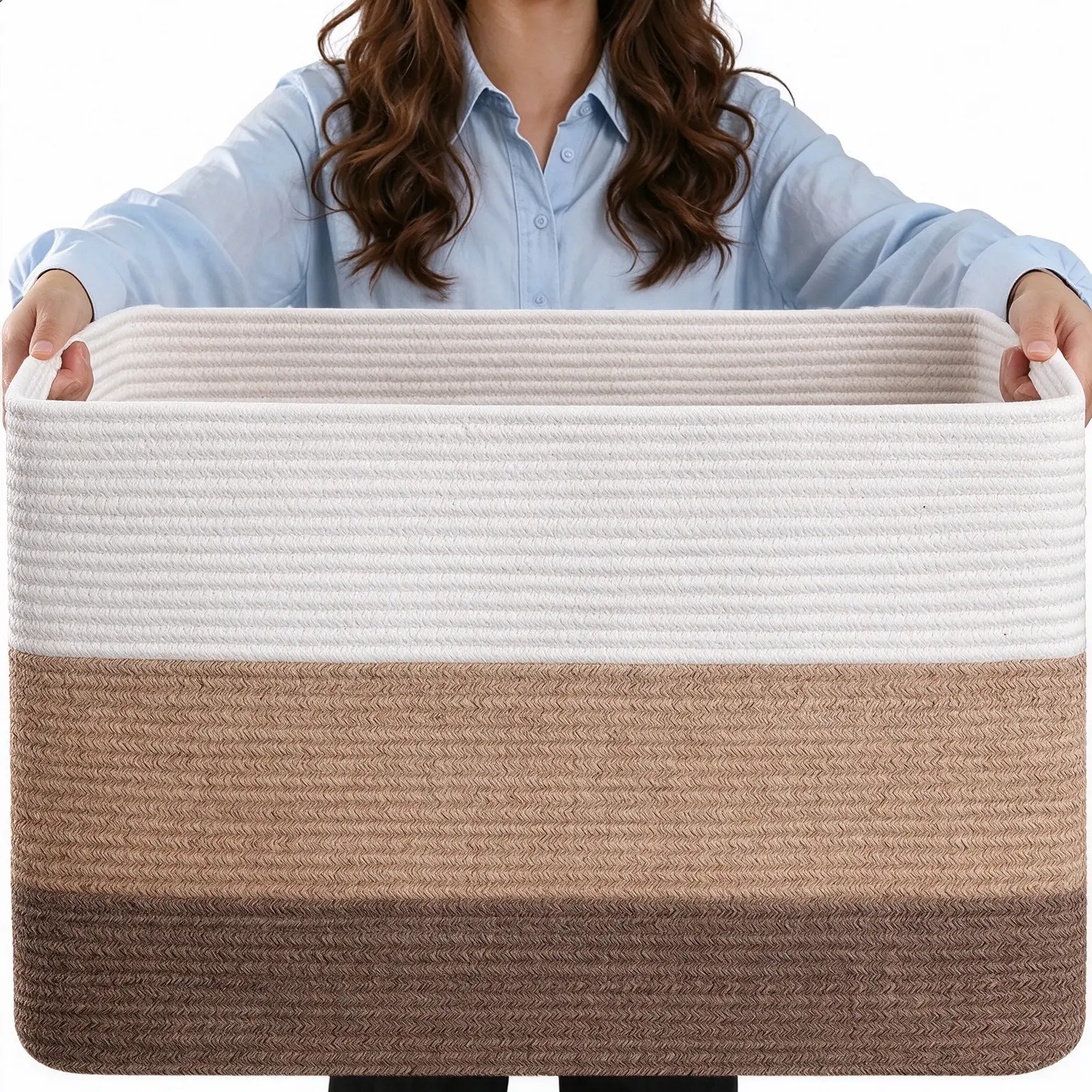 65L Rectangular Cotton Rope Storage Basket, Gradient Brown Woven Organizer for Blankets, Laundry and Dog Toys