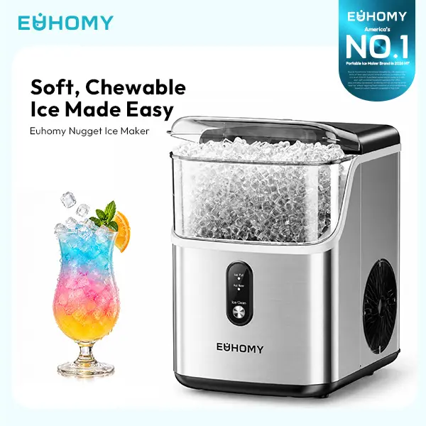 EUHOMY Countertop Nugget Icemakermachine - 35lbs/day Soft Ice Kitchen Appliance with Self-Cleaning Function, Scoop, Basket, Utensils, 12.6x10.2x14.6" for Home/Office
