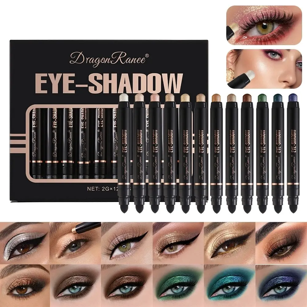 1 Box 12 Dual-Ended Eyeshadow Pen Set, Pearl Easy Eyeshadow Stick, 12 Colors Fine Glitter Long-Lasting, Highlighter Lazy Eyeshadow Rod Set, Eye Makeup Products