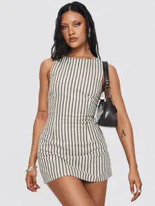 Yumiko Romper Brown Stripe Sleeveless Bodycon Mini Playsuit with Belt – Sexy Casual Outfit for Party, Club & Streetwear Womenswear Breathable