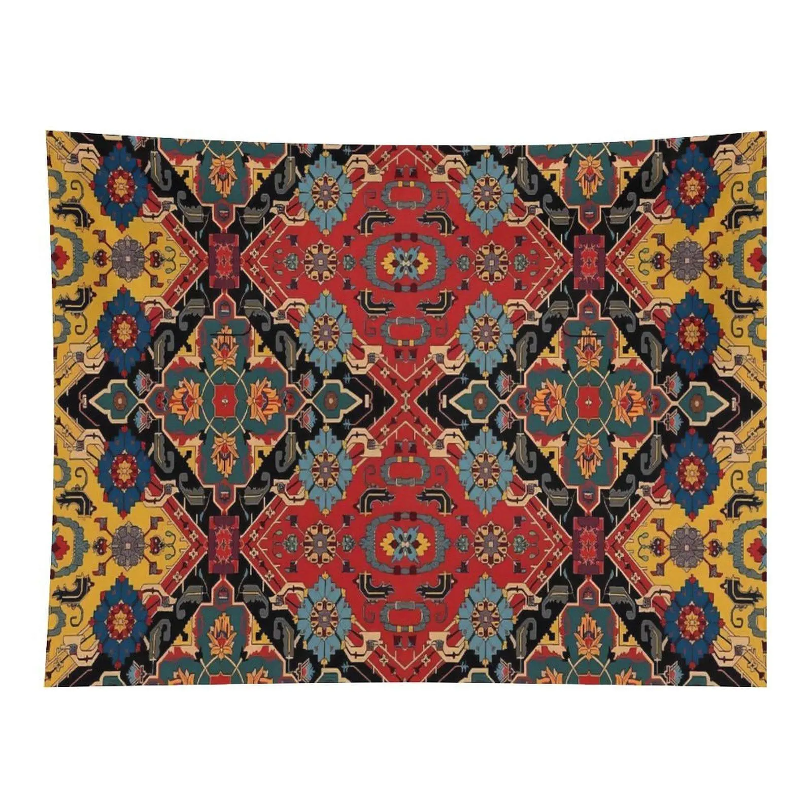 Persian Oriental Rug Diamond Floral Geometric Seamless Wall Tapestry Wall Hanging, Rich Red Blue Yellow Antique Ethnic Carpet Pattern Decor for Maximalist Boho Bedroom Dorm Backdrop