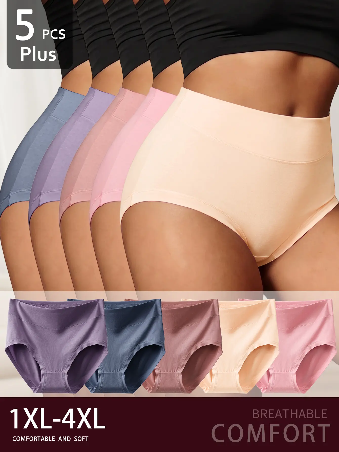 Women's Plus Size Plain Look Panties for Women - 5PCS Full Coverage Stretch Fit Briefs, Soft Knit Breathable Polyester Mix Daily Wear Undies, Neutral Colors, Skin-Friendly, 1XL-4XL