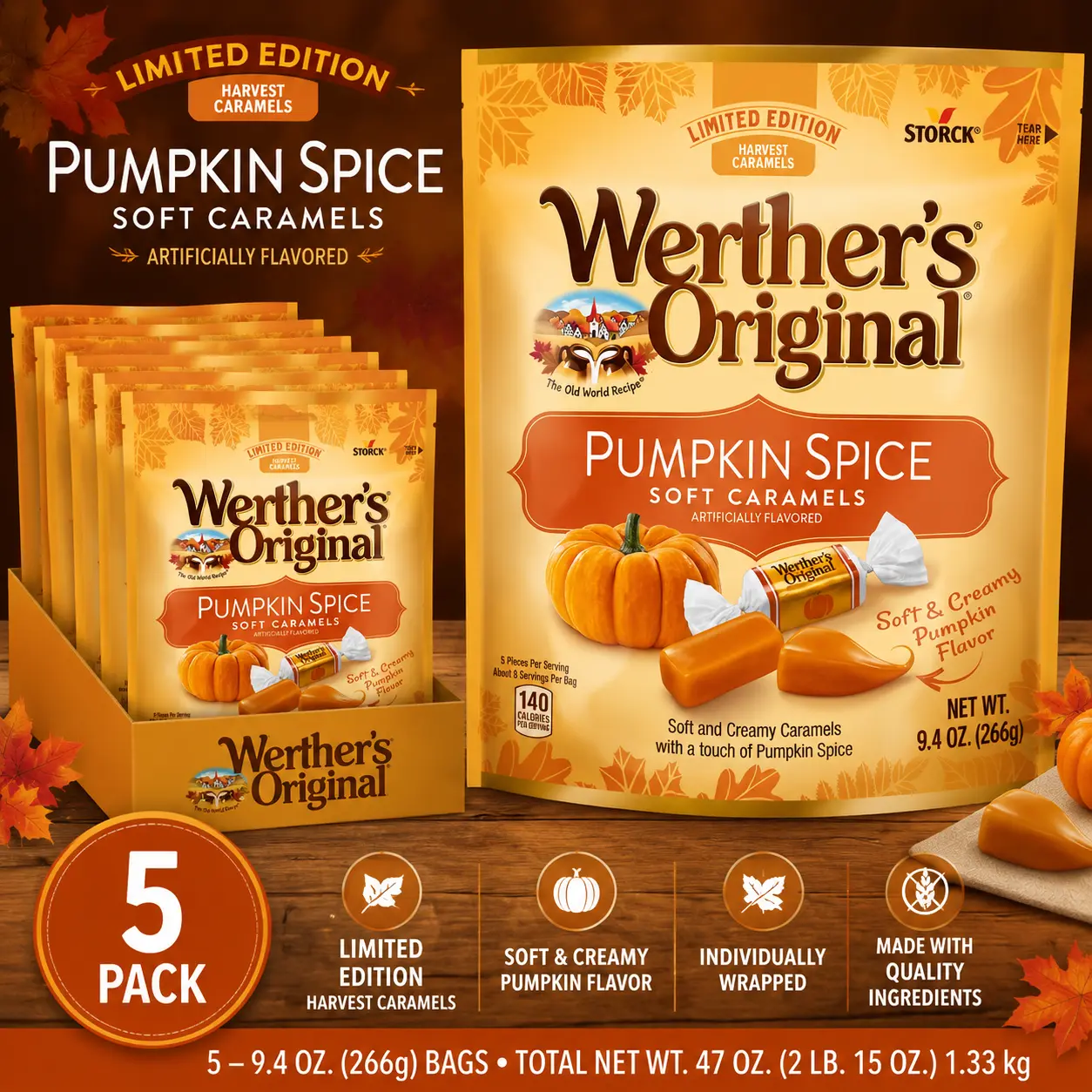 Werthers Original Caramel Apple Soft Caramels 9.4 oz 5 Pack Fall Flavored Caramel Candy