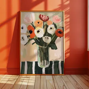 Abstract Floral Vase Print, Sage Green Still Life Wall Art, Vintage Tulip Painting, Minimalist Flower Artwork for Gift or Decor | Unframed M