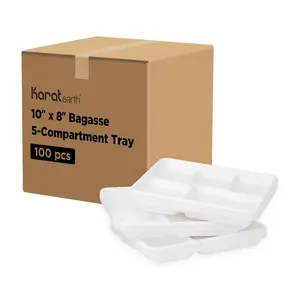 [100 pcs] Karat Earth 10''x8'' PFAS Free Eco-Friendly Bagasse Tray, White, 5-Compartments