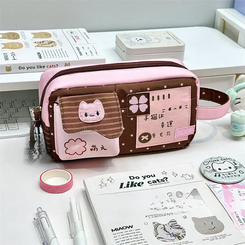 Pink Four-Leaf Clover Cat Pencil Case, Cute Ins Cartoon Large Capacity Multi-Layer Pen Pouch, Kawaii Ita Bag Style Stationery Organizer for Students, Classroom Supplies, Desk Supplies