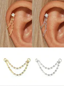 18k Plated Hypoallergenic Pierced Earring Chain, Versatile Earrings, 4 Prong Inlaid Zircon Design, Perfect for Everyday Use & Special Events