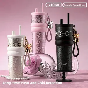 Stylish Ceramic Inner Insulated Cup for Women, Luxury Portable Straw Cup, High-Quality Dual Drink Gift Water Mug, Vacuum Insulated Tumbler