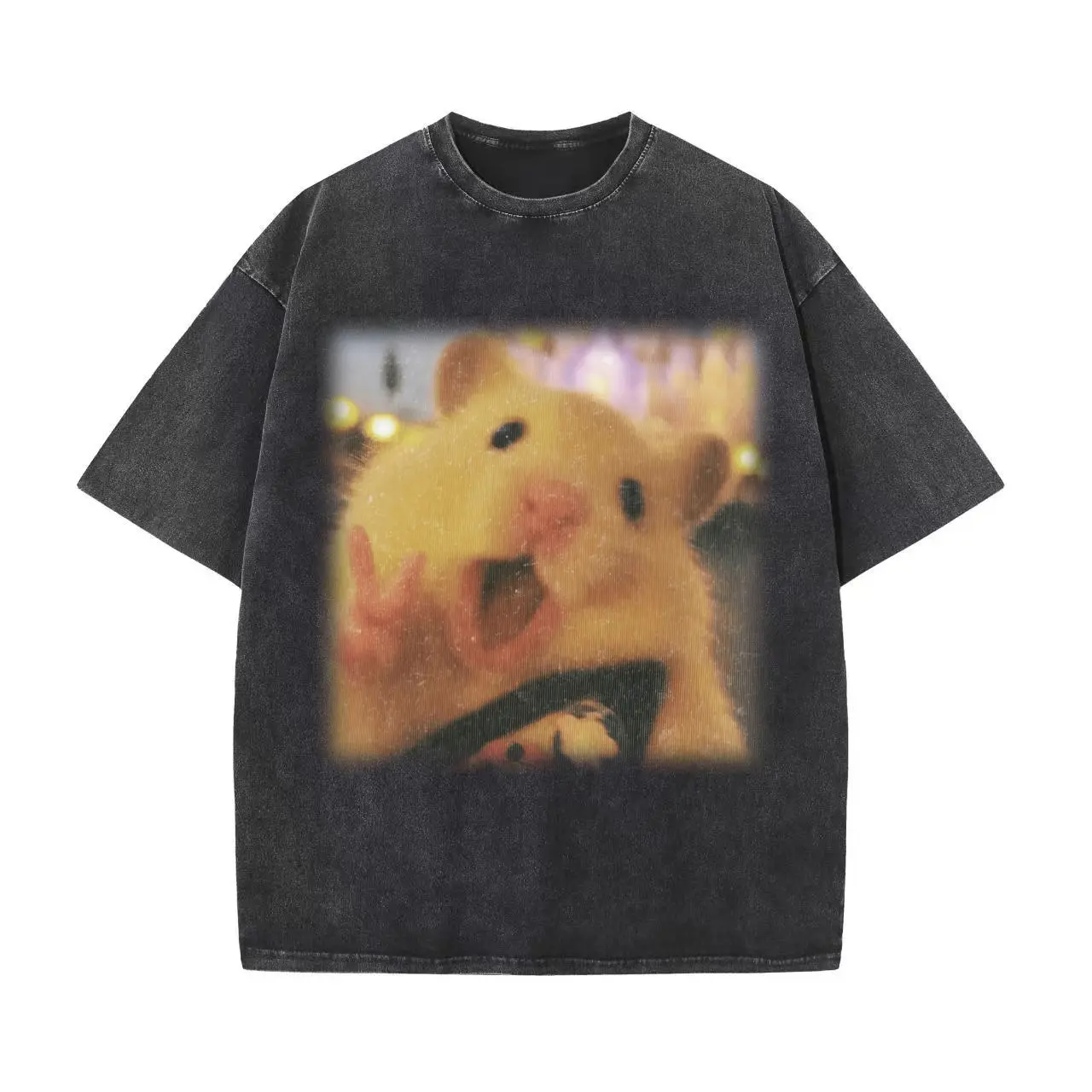 Women's men's Vintage Washed Graphic T-Shirt - Unisex Oversized Crewneck, Cute Hamster Meme Print, Breathable Streetwear Tee