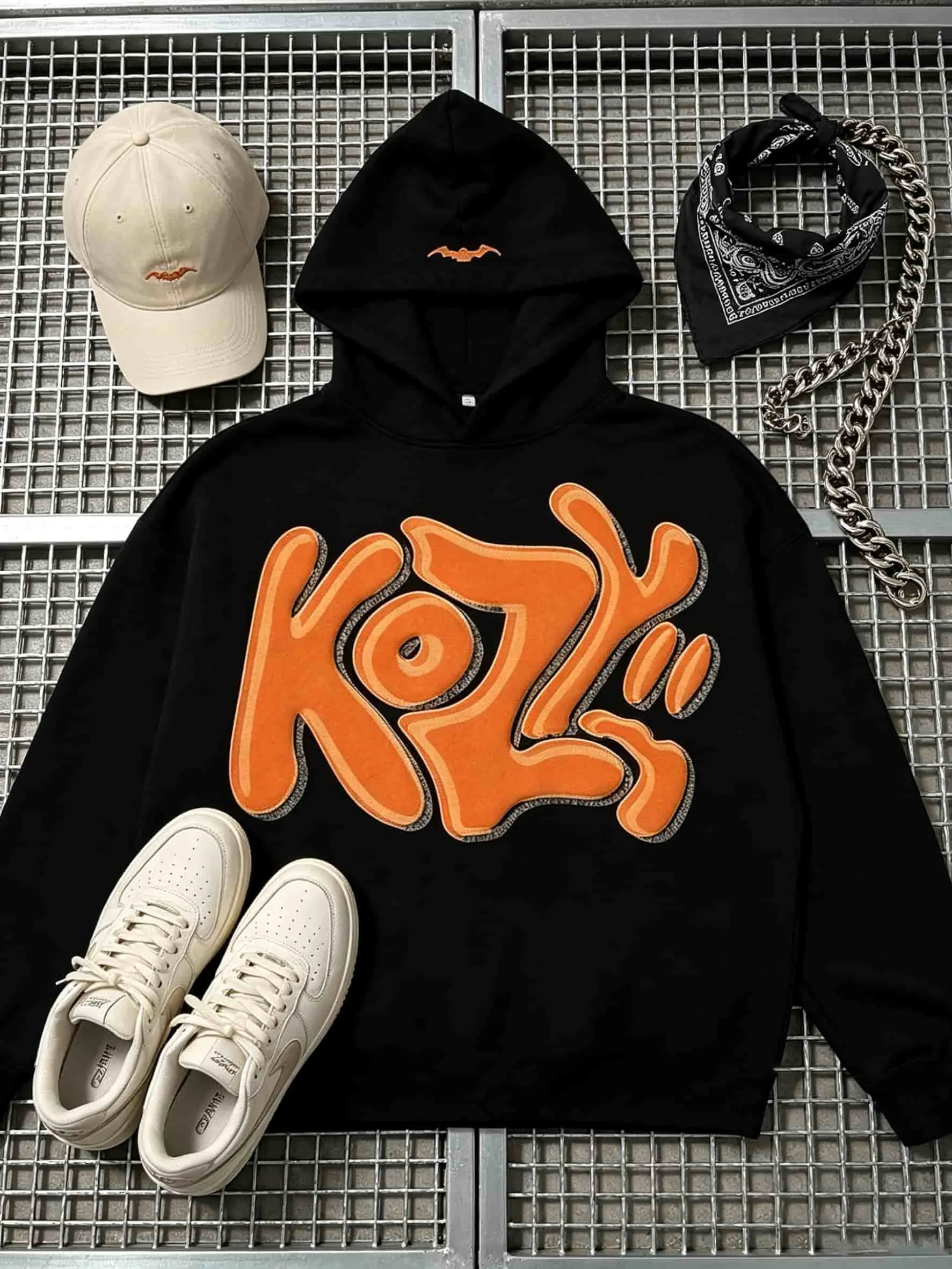 Y2K KOZY Graffiti Hoodie, Men Women Oversized Streetwear Sweatshirt, Gothic Bubble Letter Print Pullover with Bat Detail, Casual Harajuku Style
