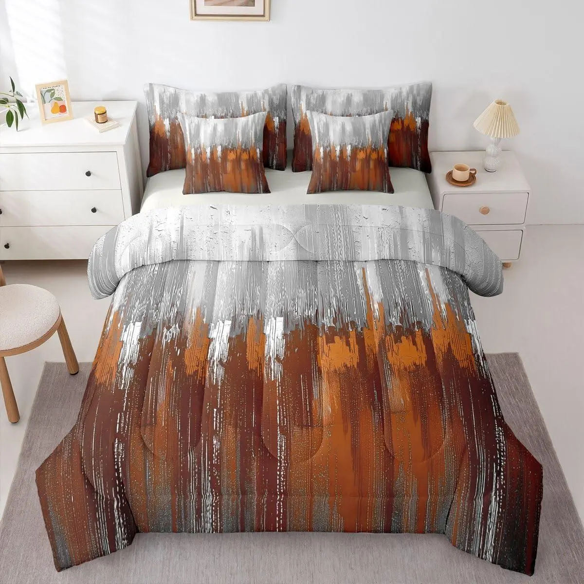 White Orange 7 Piece Bedding Set,Greyish Gradient Comforter Set with Sheets Patchwork Printed Vintage Contemporary Bed in a Bag Graffiti Abstract Art Ombre for Teens Men Women