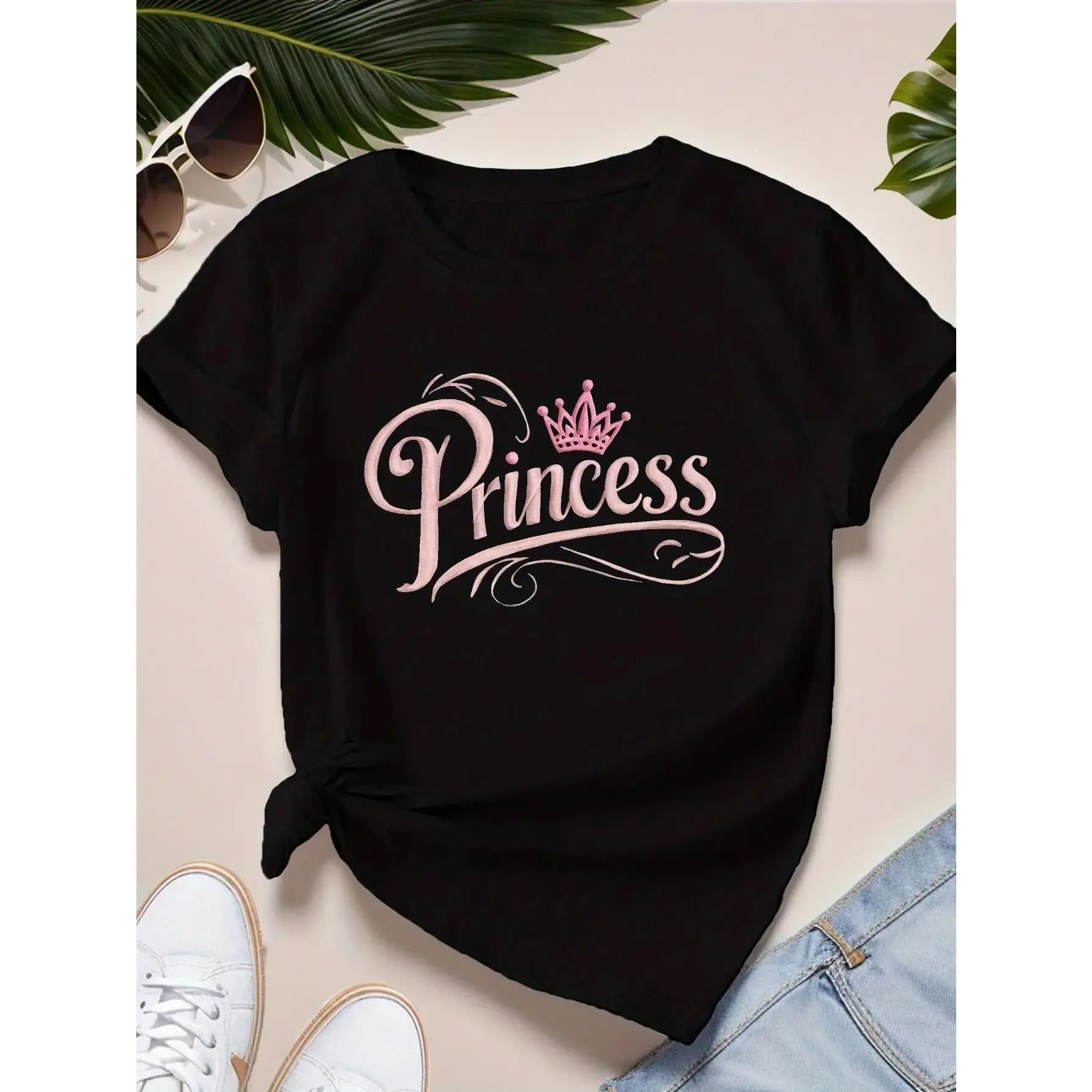 Women's 100% Cotton Round Neck Princess Crown Graphic Tee - Comfy, Relaxed-Fitted Casual Basics Top for Everyday Wardrobe