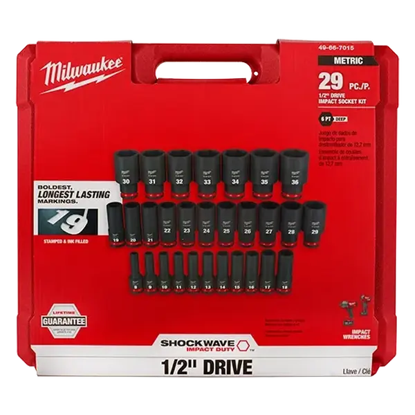 Milwaukee 49-66-7015 SHOCKWAVE Socket Kit, 1/2" Drive 29-Piece Forged Steel High-Torque Impact Set, 6-Point Deep Millimeters Sockets, Ink-Filled Marking, Dual-Hole Design, Nest Storage, Lifetime Guarantee, Meets ASME Industry Standards